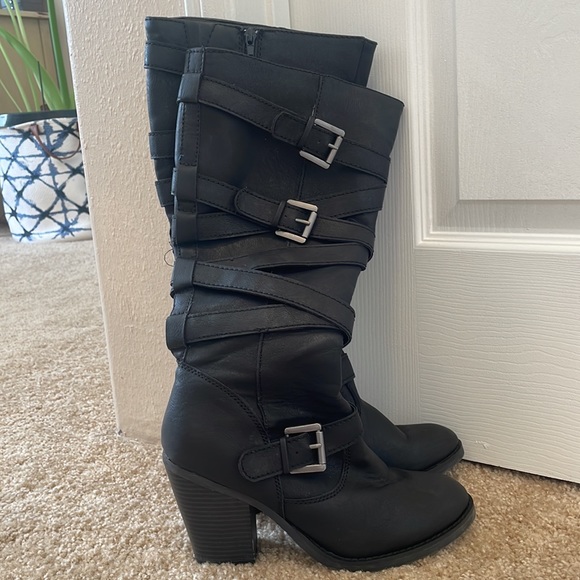 Madden Girl Strappy Knee-High Boots with Heels - Picture 3 of 4